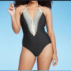 Sea Angel lace trim black halter onepiece swimsuit